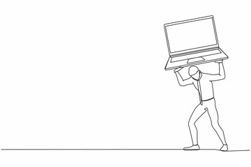 Fototapete - Single one line drawing exhausted businessman carrying heavy laptop computer on his back. Tired worker due to work pressure, burnout at office. Continuous line draw design graphic vector illustration