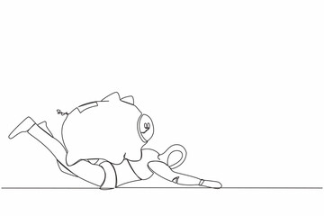 Poster - Continuous one line drawing stressed robot under heavy piggy bank burden. Broke and financial problems in tech industry. Future robotic development. Single line draw design vector graphic illustration