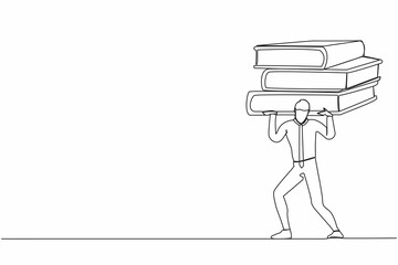 Poster - Continuous one line drawing exhausted businessman carrying heavy pile of paper folder on his back. Tired worker with a lot of work, pressure with paperwork. Single line draw design vector illustration