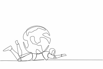 Poster - Single continuous line drawing stress robot under heavy globe burden. Earth exploitation, industrial pollution. World economic crisis. Technology development. One line draw design vector illustration