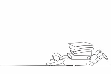 Poster - Continuous one line drawing Arab businesswoman under heavy pile of paper folder burden. Tired person cannot cope with amount of work. Worker with paperwork. Single line draw design vector illustration