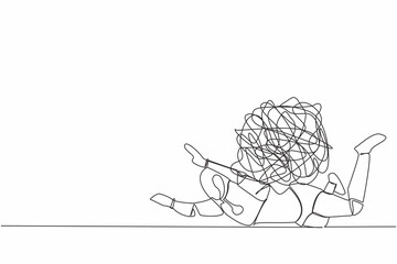 Poster - Single continuous line drawing stressed robot under heavy messy line burden. Anxiety from work difficulty, overload, economic crisis problem. Future technology development. One line draw design vector