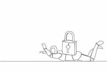 Poster - Single one line drawing stressed robot under heavy lock pad burden. Tech industry bankruptcy in Covid-19 pandemic lockdown crisis. Robotic artificial intelligence. Continuous line draw design vector
