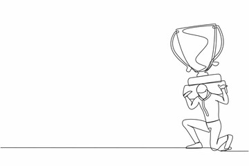 Poster - Continuous one line drawing exhausted businessman carrying heavy trophy on his back. Entrepreneur failed to win competition or business goals achievement. Single line draw design vector illustration
