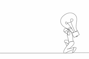 Poster - single continuous line drawing exhausted businessman carrying heavy light bulb on his back. uninspir