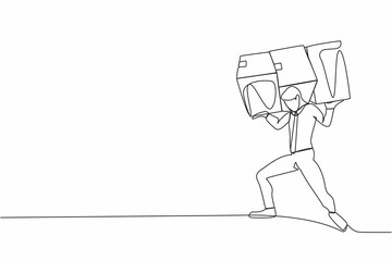 Poster - Single continuous line drawing of exhausted businessman carrying heavy pile of boxes on his back. Stress at work. Bureaucracy, paperwork, big data analysis. One line graphic design vector illustration