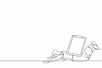 Poster - Single continuous line drawing unhappy businesswoman under heavy clipboard burden. Multitasking, productivity and time management problem. Deadline checklist. One line draw design vector illustration