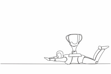 Poster - continuous one line drawing stressed robot under heavy trophy burden. robot fail to achieve goals. d