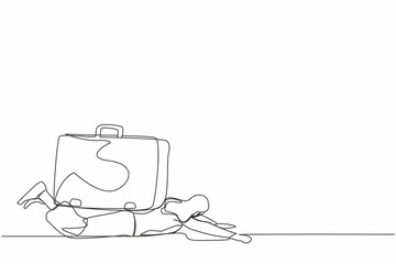 Poster - Continuous one line drawing unhappy businesswoman under heavy briefcase burden. Difficulty business task. Pressure workload. Anxiety from work and overload. Single line draw design vector illustration