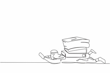 Poster - Continuous one line drawing Arab businessman under heavy pile paper folder burden. Tired person cannot cope with amount of work. Worker swamped with paperwork. Single line design vector illustration