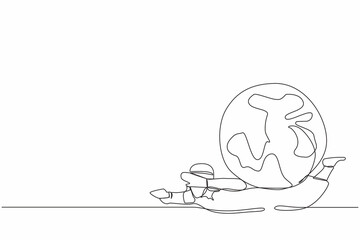 Poster - Single continuous line drawing Arab businessman under heavy globe burden. Natural resources, earth exploitation, industrial pollution. World economic crisis. One line draw design vector illustration