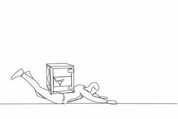 Poster - Single one line drawing depressed businessman under heavy safe deposit box burden. Money loss in pandemic crisis, company cannot pay for debt and bankruptcy. Continuous line design vector illustration