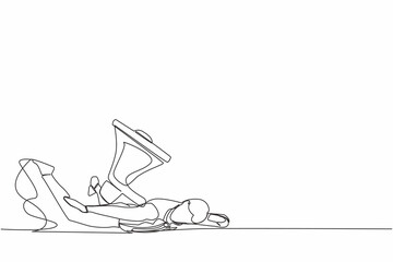 Poster - Single one line drawing depressed businessman under heavy megaphone burden. Conflict and trouble in communication. Bullying, harassment at work. Continuous line draw design graphic vector illustration