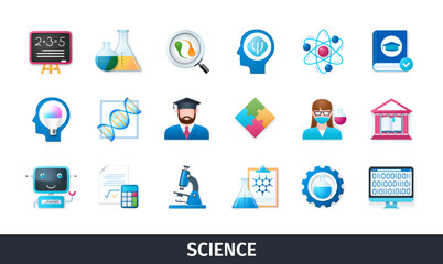 Science 3d vector icon set. Knowledge, laboratory, dna, formula, scientist, robot, chemistry, microscope, university. Realistic objects in 3D style