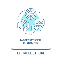 Target satisfied customers turquoise concept icon. Way to make clients write review abstract idea thin line illustration. Isolated outline drawing. Editable stroke. Arial, Myriad Pro-Bold fonts used