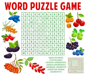 Aufkleber - Garden and forest berry word search puzzle game worksheet. Kids quiz grid, text riddle or vector vocabulary puzzle with cloudberry, rowan and mulberry, blueberry, chokeberry and rosehip, honeysuckle