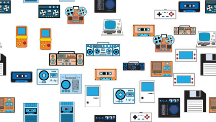 Poster - Seamless pattern endless with tech electronics equipment old retro vintage hipster from 70s, 80s, 90s isolated on white background. Vector illustration
