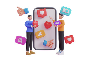 3d illustration of interaction between people through social networks. Social network user interface with new likes, comments, followers. 3d rendering