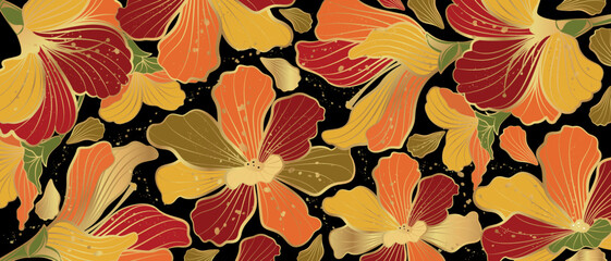 Vector banner with gold flowers in line art style.Golden flowers.