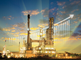 oil gas refinery or petrochemical plant. include arrow, graph or bar chart. increase trend or growth