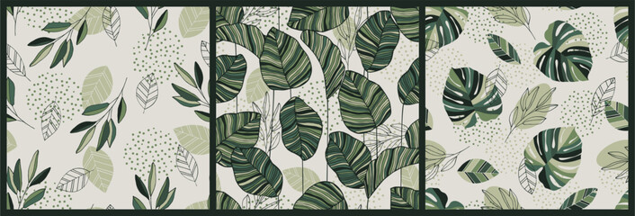 Wall Mural - Set of tropical doodle pattern with vintage leaves sketch. Ideal for wallpaper, surface textures, textiles.