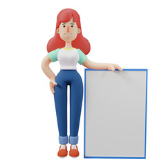 Wall Mural -   3D illustration. Cartoon image of Cute Girl 3D character standing near the blackboard. with hands on your waist. showing a beautiful smile. 3D Cartoon Character