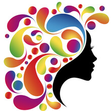 Beautiful Woman Profile Silhouette With Paint Splash Hair, Young Female Face Design, Beauty Girl Head With Styled Inspiration Hair, Fashion Lady Graphic Portrait.
