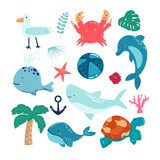 Fototapeta Dinusie - Cartoon sea animals. Cute ocean fish, octopus, shark and turtle, jellyfish, crab and seal. Underwater wildlife creatures vector illustration set.
