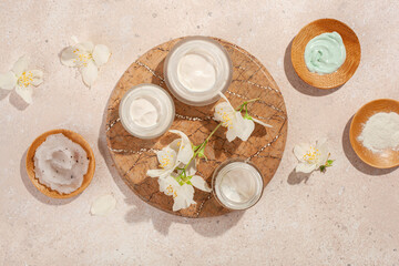 Sticker - skincare products and jasmine flowers. natural cosmetics for home spa treatment