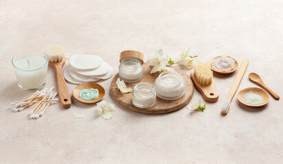 Poster - skincare products and jasmine flowers. zero waste eco friendly natural cosmetics for home spa