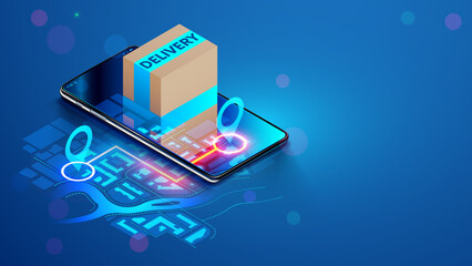 Poster - Tracking delivery online order in phone app. Show location courier on map on screen smartphone. GPS tracking shipping box package. Box with order pops out of phone screen. Online logistics concept.