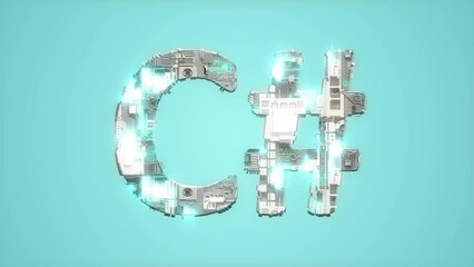 Poster - bright electrical light shining blue cybernetical text C# - loop video