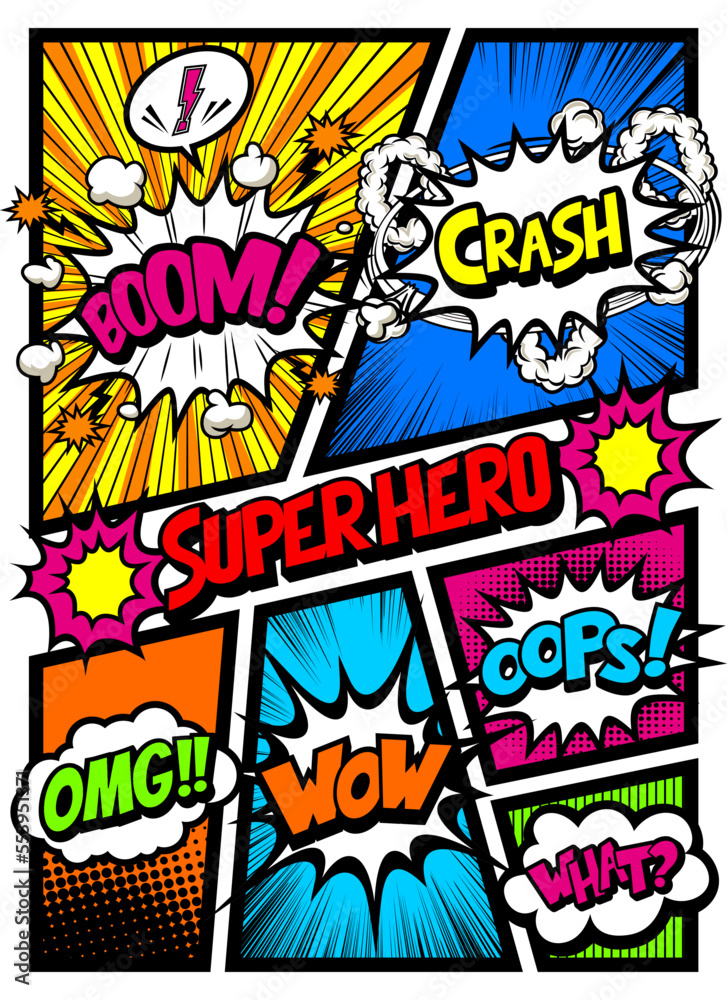 アメコミ風コマ割り素材 Retro pop art comics book magazine, speech