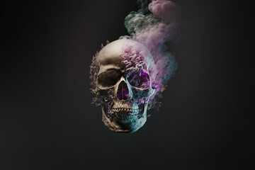 Wall Mural - human skull with colorful smoke isolated on clean black background, generative ai