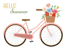 Summer Pink Floral Bike. Isolated On White Background. Vector Illustration. Valentines Day Retro Bicycle