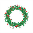 Christmas wreath of holly with red berries and pine branches on an isolated white background. 