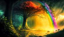 Magical Fantasy Fairytale Forest With Rainbow And Trees
