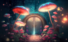 Fantasy Enchanted Fairy Tale Forest With Magical Opening Secret Door And Mystical Shine Light Outside The Gate, Mushrooms, And Fairytale Butterflies	