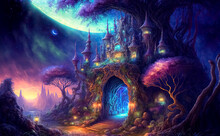 Fantasy Enchanted Fairy Tale House Or Castle In Magical Forest With Huge Moon. Digital Art