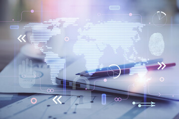 Aufkleber - Double exposure of desktop with computer and world map hologram. International data network concept.