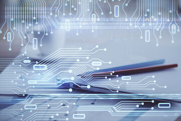 Aufkleber - Double exposure of table with computer on background and data theme hologram. Data technology concept.