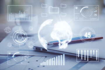 Poster - Forex graph hologram on table with computer background. Double exposure. Concept of financial markets.