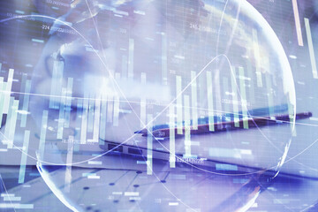 Aufkleber - Double exposure of business theme icons and work space with computer background. Concept of success.