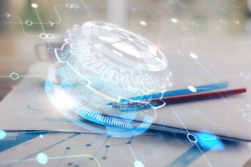 Poster - Double exposure of table with computer on background and data theme hologram. Data technology concept.