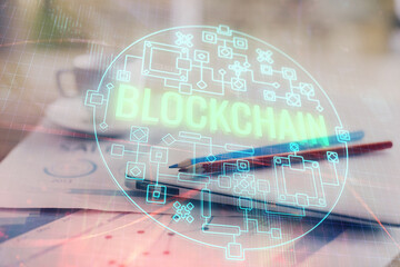 Aufkleber - Double exposure of blockchain and crypto economy theme hologram and table with computer background. Concept of bitcoin cryptocurrency.