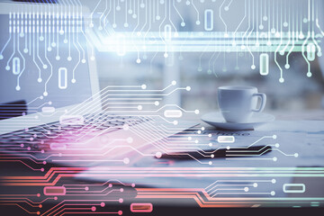 Poster - Double exposure of table with computer on background and data theme hologram. Data technology concept.