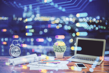 Poster - Double exposure of table with computer on background and data theme hologram. Data technology concept.