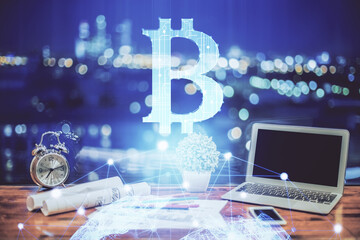 Poster - Double exposure of blockchain and crypto economy theme hologram and table with computer background. Concept of bitcoin cryptocurrency.
