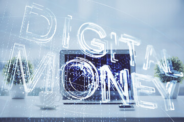 Poster - Double exposure of blockchain and crypto economy theme hologram and table with computer background. Concept of bitcoin cryptocurrency.