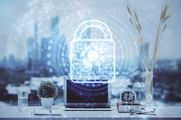 Poster - Double exposure of desktop with computer and lock icon hologram. Concept of data safety.